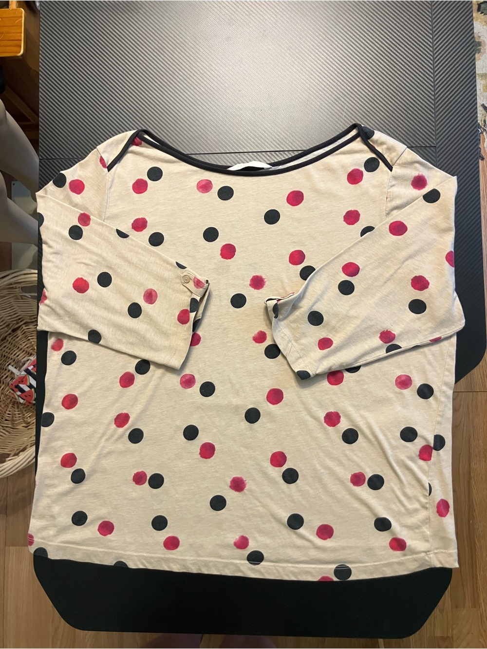 Old Navy Cream Boatneck Top with Pink & Black Polka Dots